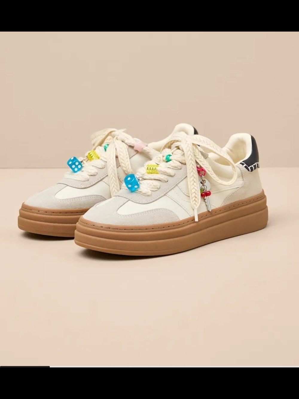 Dodge Charm Cream Platform Sneakers with Gum Sole and Colorful Lace Charms